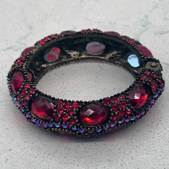 Vtg Gorgeous Clamper Cuff Bracelet Women's OS Red AB Rhinestones Hinged Cabochon - Picture 6 of 12